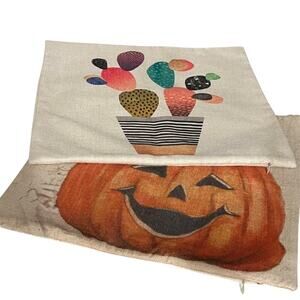 Set of 2 Throw Pillow Covers 16x16 Halloween Pumpkin & Abstract Candy Cactus